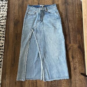 Denim Maxi Skirt with Frayed Hem